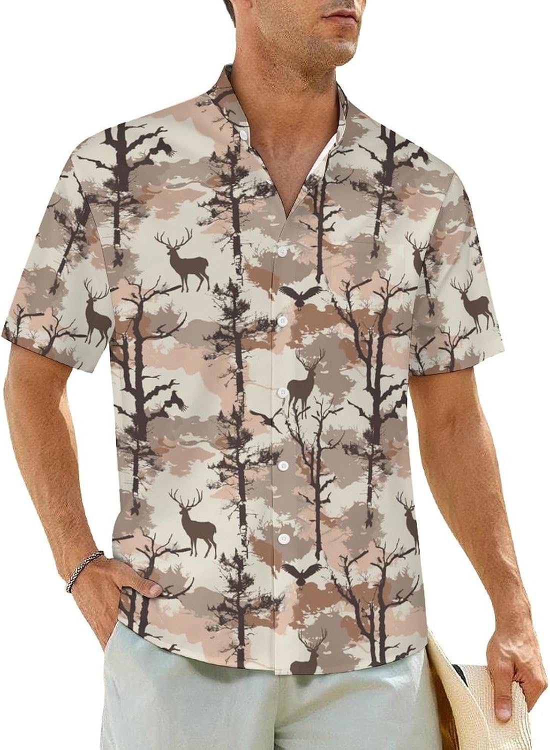 Button Down Shirts for Men Casual Short Sleeve Stand Up Collar Shirts Summer Beach Tops