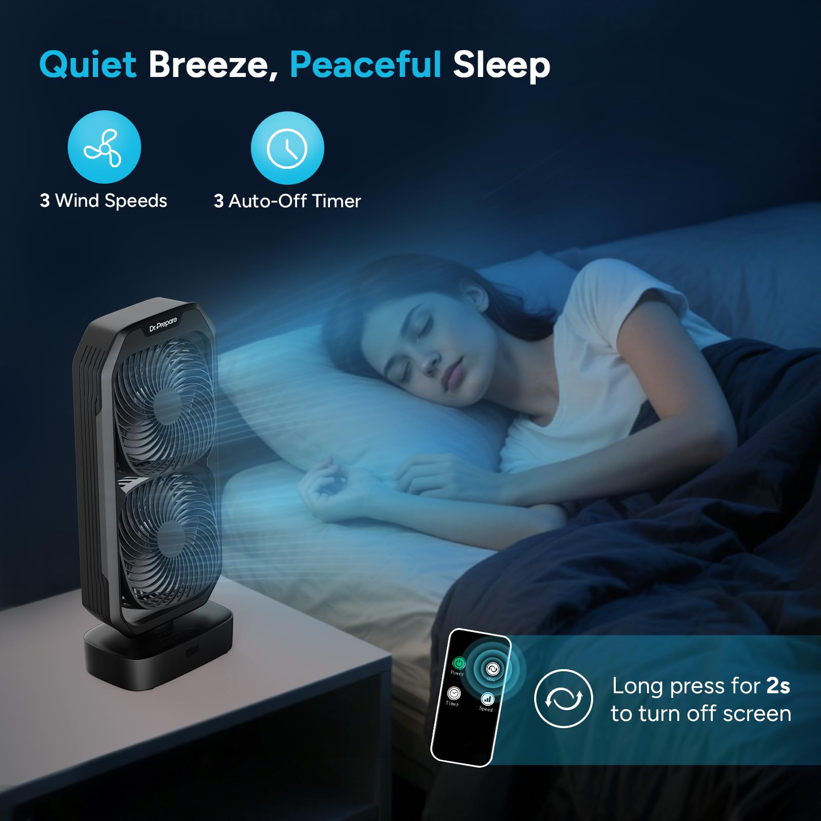 DR.PREPARE Piccolo ventilatore a torre oscillante con telecomando, ventilatore da scrivania alimentato a batteria ricaricabile per camera da letto, inclinazione di 250°, timer 8 ore, 3