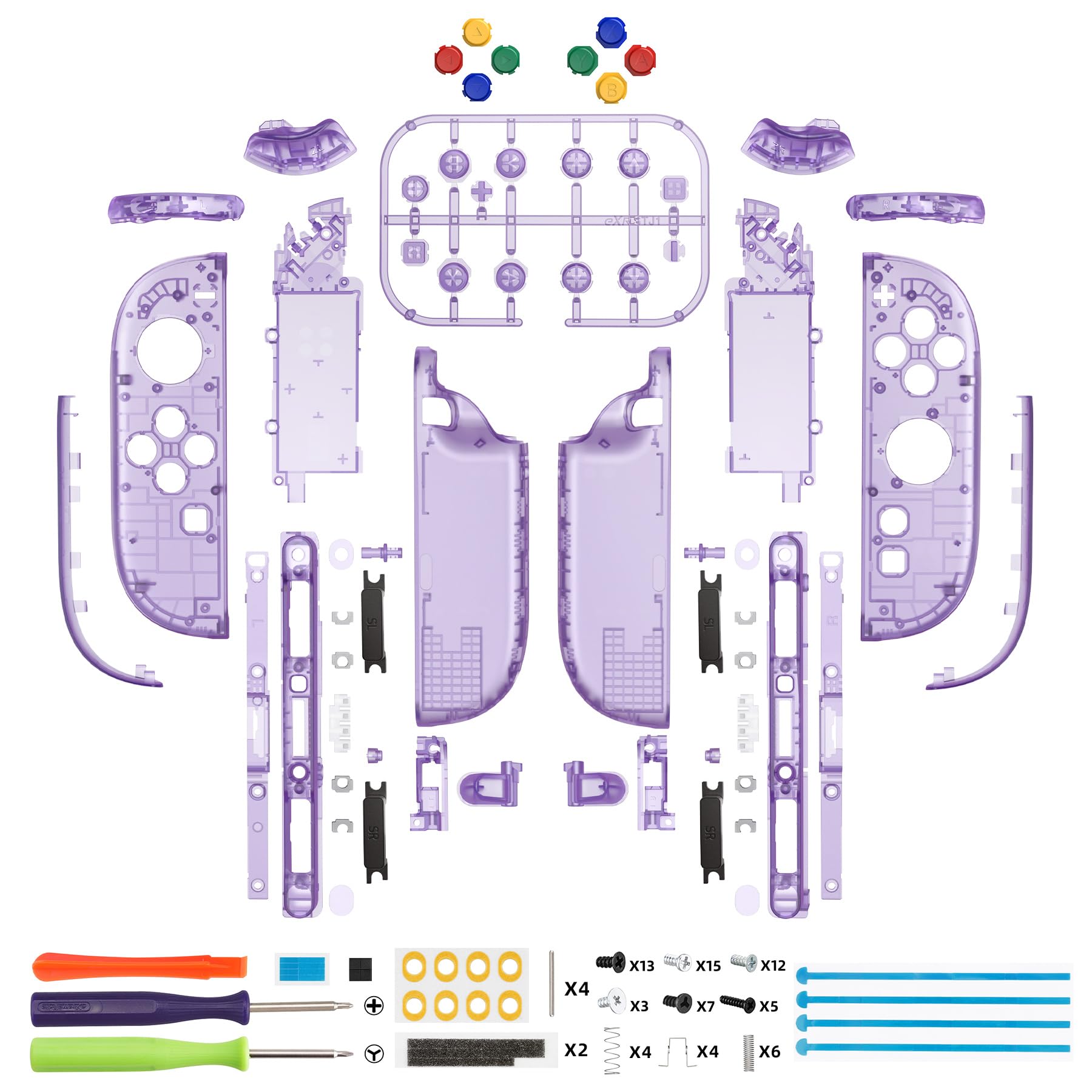 eXtremeRate Cover Tasti Kit + Levette Analogiche 3D Ricambio per Nintendo Switch 2 Controller - Trasparente Viola Atomico