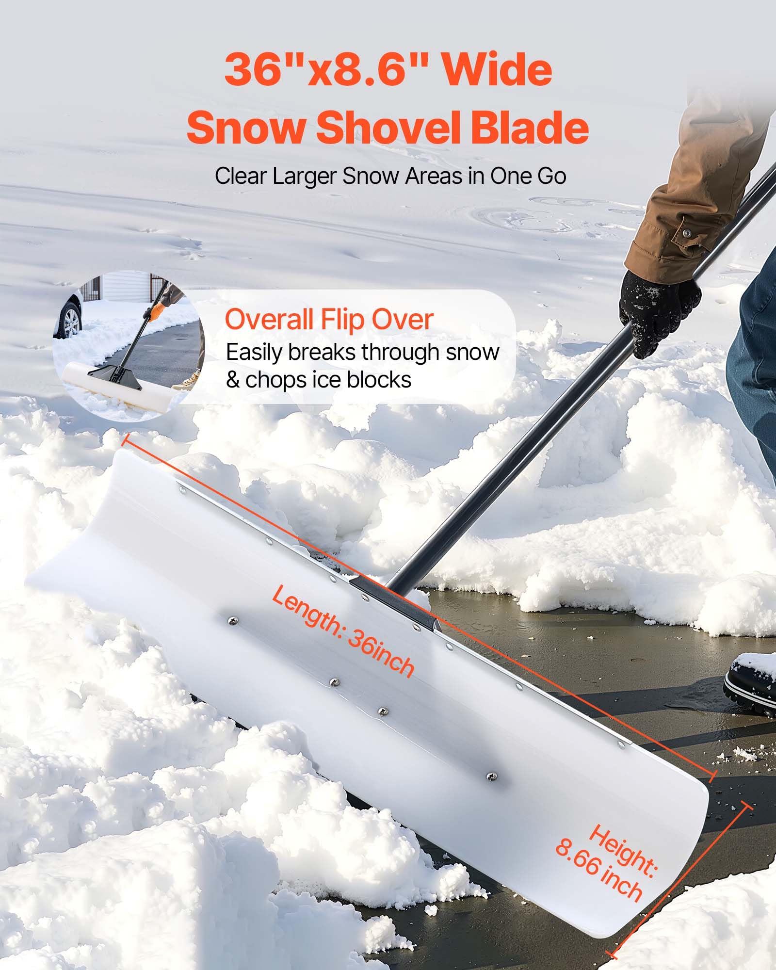 VEVOR Pług do śniegu o szerokości 91 cm, do podjazdu, chodników i drzwi z segmentowym uchwytem, ergonomicznym uchwytem i ostrzem z tworzywa sztucznego HDPE
