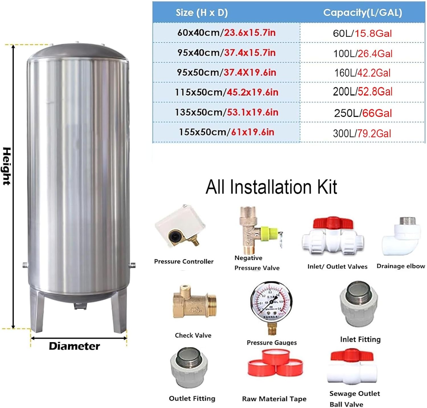 Stainless Steel Well Water Pressure Tank 15 26 42 52 66 80 Gallon, Fully Automatic Pressurized Water Tanks with Complete Kit, Water Storage Bladder Containers for Well Pumps(250L/66Gal(53x19.7in))