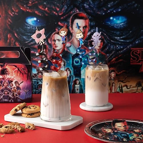 Miniatura 5 de 24 popotes reutilizables para fiestas de cumpleaños extraños 8 diseños mágicos de extraño con 2 cepillos de limpieza