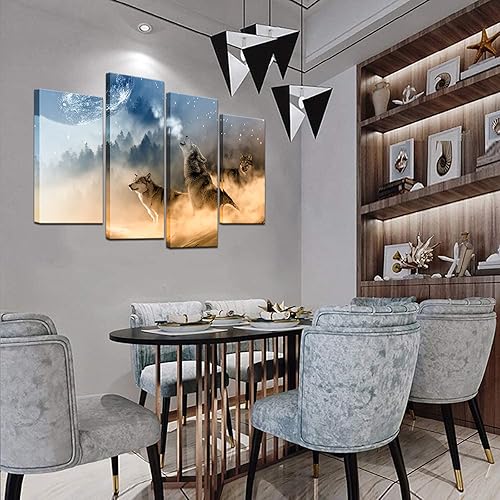 Miniatura 4 de Biuteawal - 4 piezas de arte de pared de animales de lobo aullando a la luna, póster de arte impreso de vida silvestre para decoración moderna del