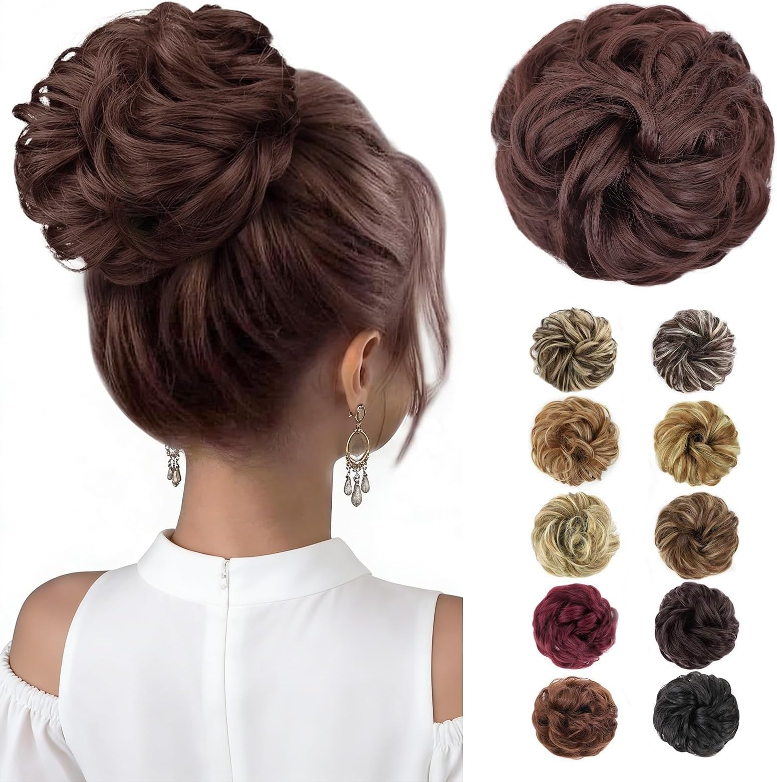2PCS Messy Bun Hair Piece for Women, Dark Auburn Hair Bun Scrunchie