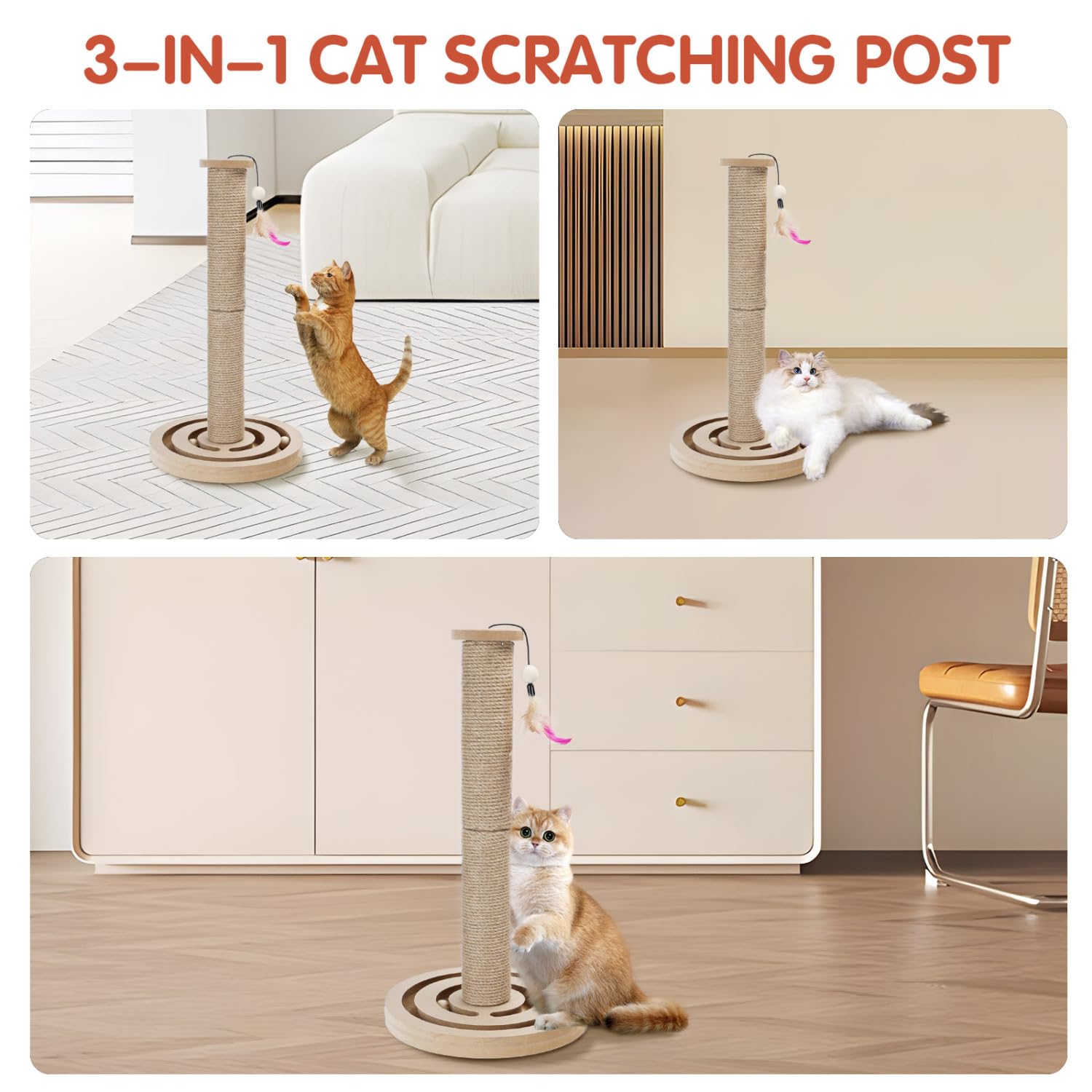 Nobleza Poste Rascador para Gatos con Base de Madera y Bolas, Árbol Rascador de Sisal Natural con Pluma, Juguete Interactivo 3 en 1, 55x30 cm