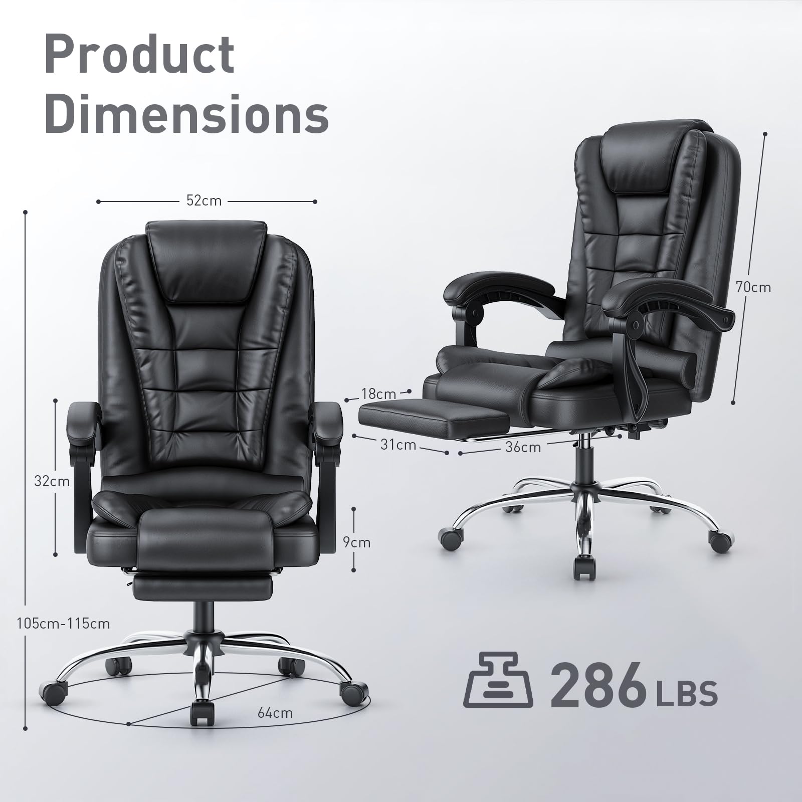 rattantree Bürostuhl Mit Fußstütze, Schreibtischstuhl Ergonomisch, PU Leder Computerstuhl mit Gepolsterter Armlehne und Weiche Kopfstütze, Neigungsfunktion, Höhenverstellbar, Chefsessel, Schwarz