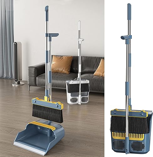Juego de escoba y recogedor autolimpiante, juego de recogedor de escoba para el hogar, escoba de pie y recogedor, con raspado de dientes y raspador,