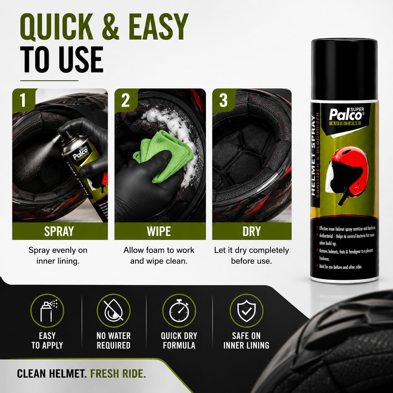 PALCO Helmet Cleaner Spray Inner Foam 150ml (Pack of 1), Sanitizer & Deodorizer Anti-Bacterial Helmet Cleaning Spray, Quick Drying, Safe for Hair & Skin, Helmet Interior Cleaner Removes Bad Odor 3