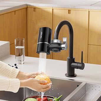Faucet Filter, NSF Certified, 400 Gallon High Efficiency Water Purification System, Fast 99% Chlorine & Odor Removal with 3 Water Filter(T1-Black)