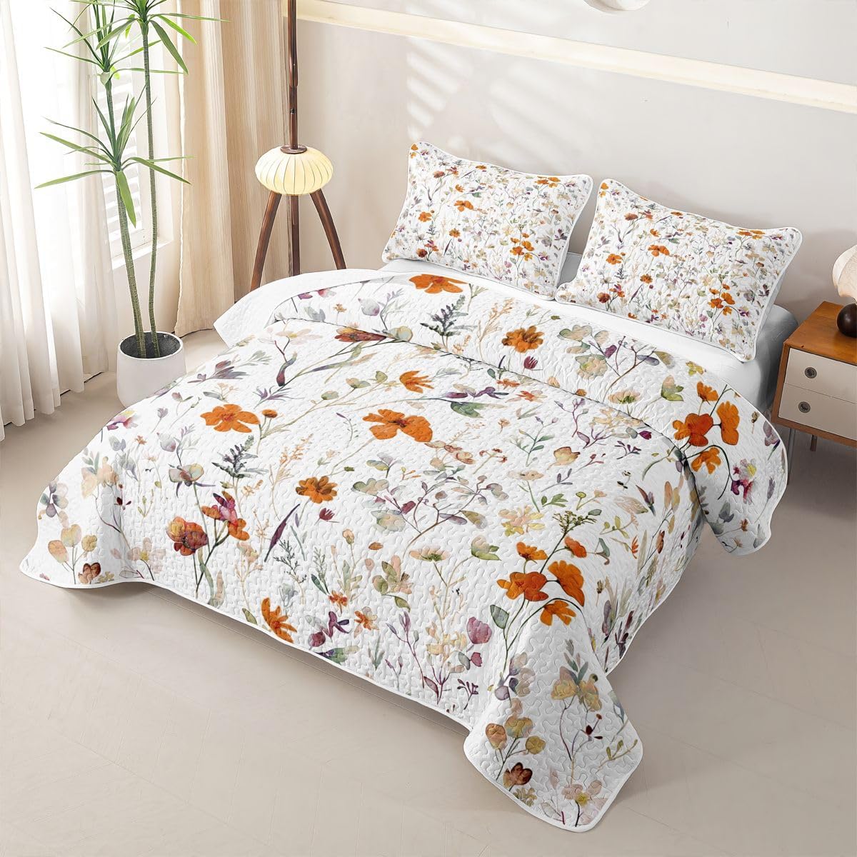 Boho Quilt Set Twin Watercolor Floral Quilted Bedding Orange Red Rustic Flowers Bedspread Coverlet Plant Leaves Botanical Quilt Comforter Lightweight Quilted Blanket for Hot Sleepers Boys Girls