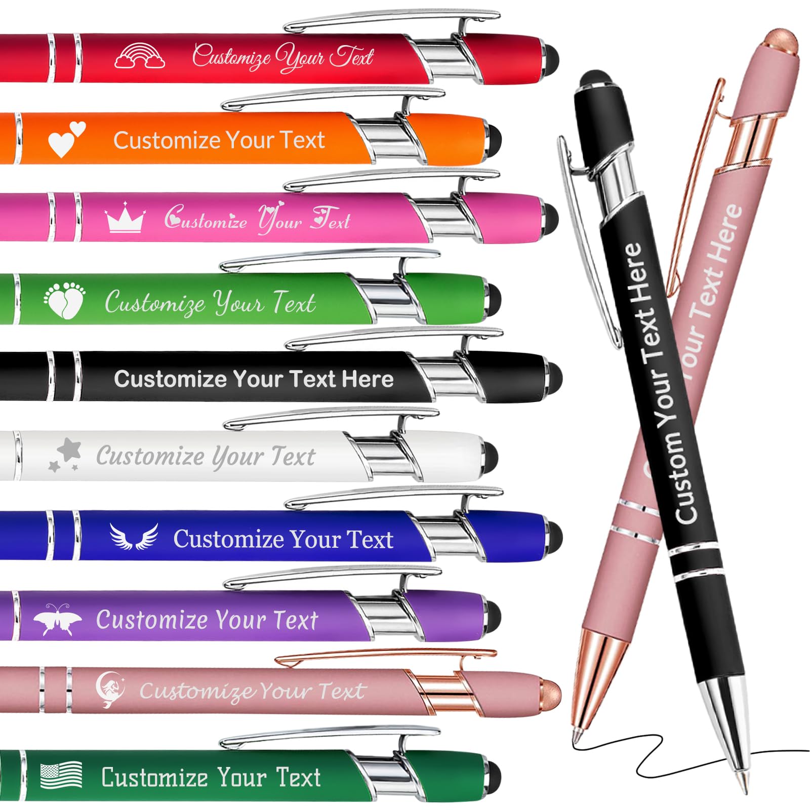 Personalised Pens Bulk Custom Pens with Logo Name 10 Pack Free Engraved Stylus Ballpoint Pens Customised Retractable Pen Message Text Gift for Men Women Black Ink Business Graduation Birthday Assorted