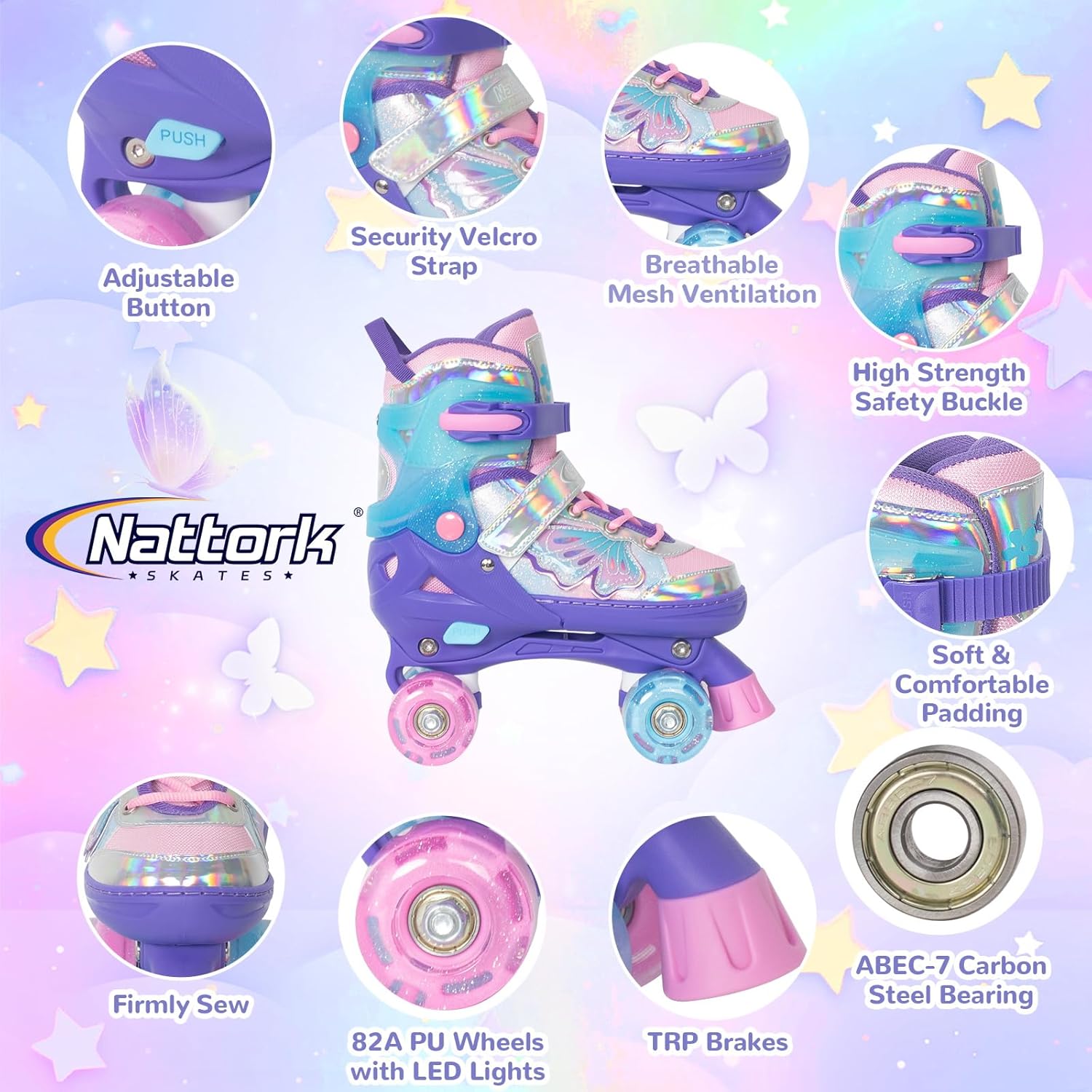 Nattork Kids Roller Skates for Girls Boys Kids, 4 Sizes Adjustable Quad Skates Butterfly and Flower with All Light up Wheels - Birthday Gift for Indoor Outdoor Sports