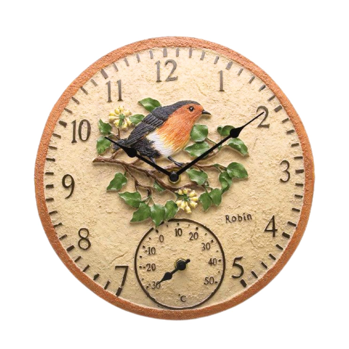 Garden Mile 30 cm Rotkehlchen-Gartenuhren für den Außenbereich, wasserdicht, mit Thermometer für Garten, analoge Außenuhren für Garten, wetterfest, Außenuhren für Küche, Wohnzimmer und Terrasse