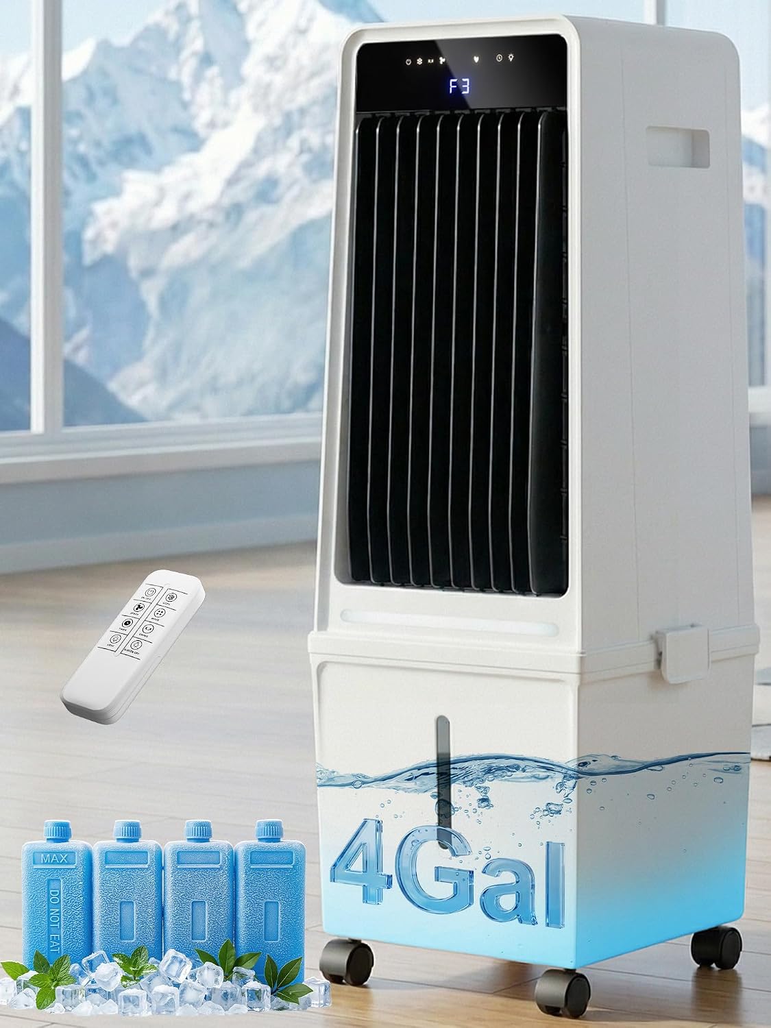 Windowless Portable Air Conditioner, 120° Oscillation AC Cooling Fans with 4 Gal Detachable Tank, 12 Timer Swamp Cooler with LED Ambient Light, 3 Speeds Evaporative Air Cooler for Bedroom Indoor Use