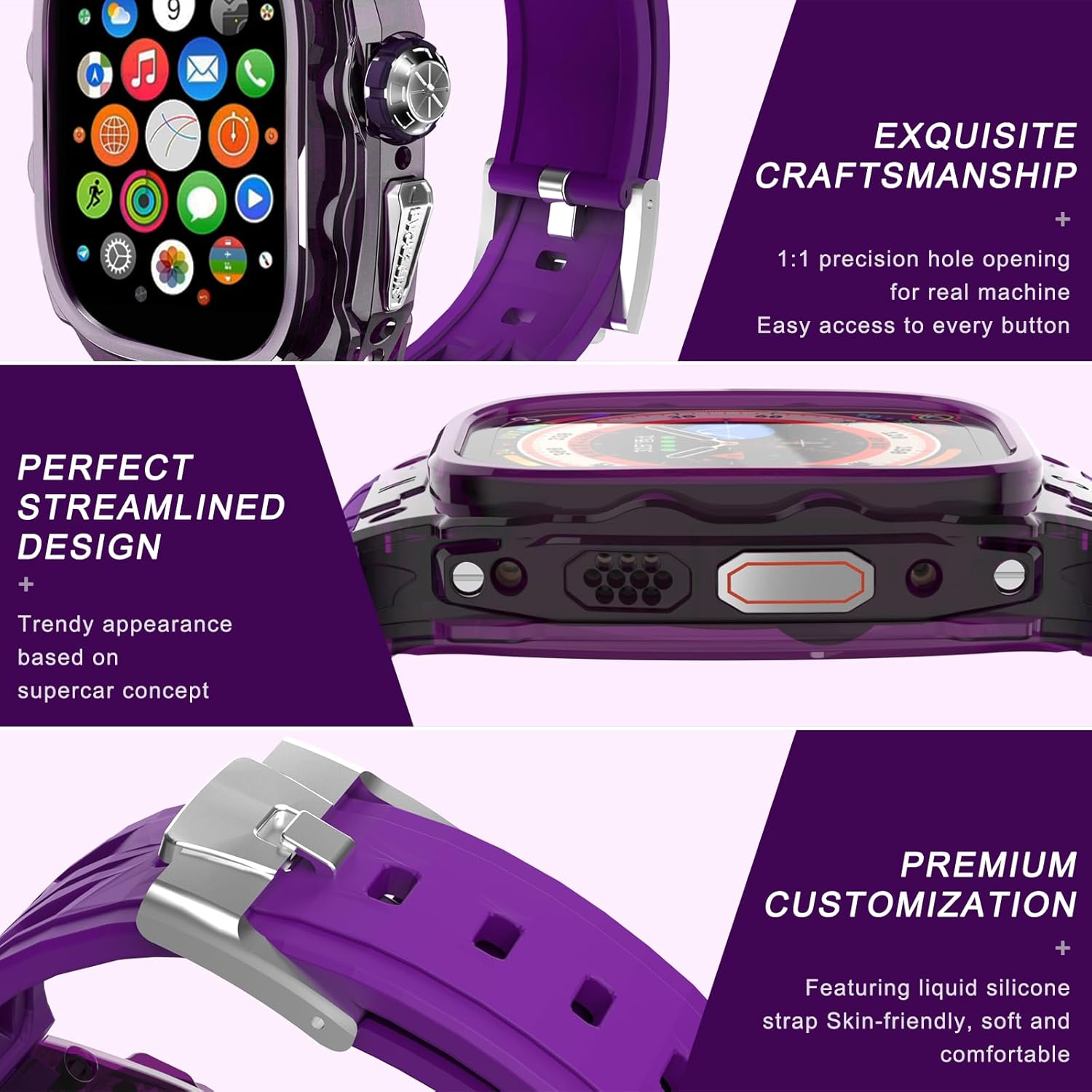 Luxury Translucent Smartwatch Case for Apple Watch Ultra 1/2 49mm, Fully wrapped lightweight rugged case with band, silicon strap, stainless steel buttons, protective cover for men/women (Purple) - Image 4