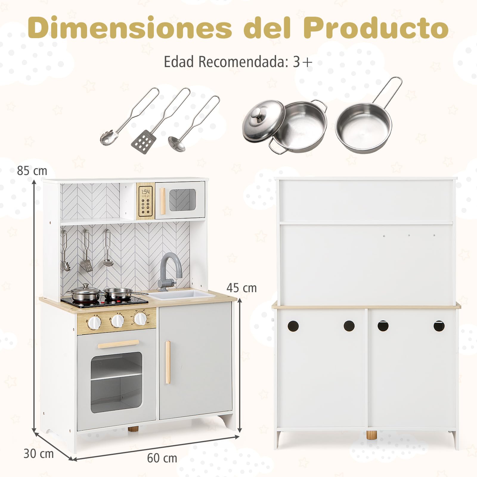GOPLUS Juego de Cocina para Niños, Set de Cocina de Imitación con Luces y Sonidos, Estufa, Horno, Fregadero, Grifo, Microondas, Utensilios de Cocina, Juguete de Cocina de Madera (Blanco)