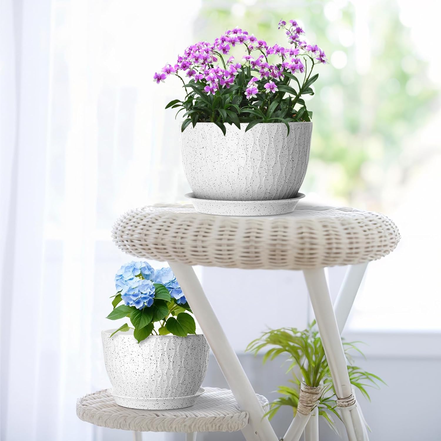 Meowell 12/10/9 inch Large Flower Pots, 3 Set Big Plant Pots for Outdoor Indoor Plants with Water Ripples, Wide Plastic Planters with Drainage Holes and Saucers for Garden House Plants, Speckled White