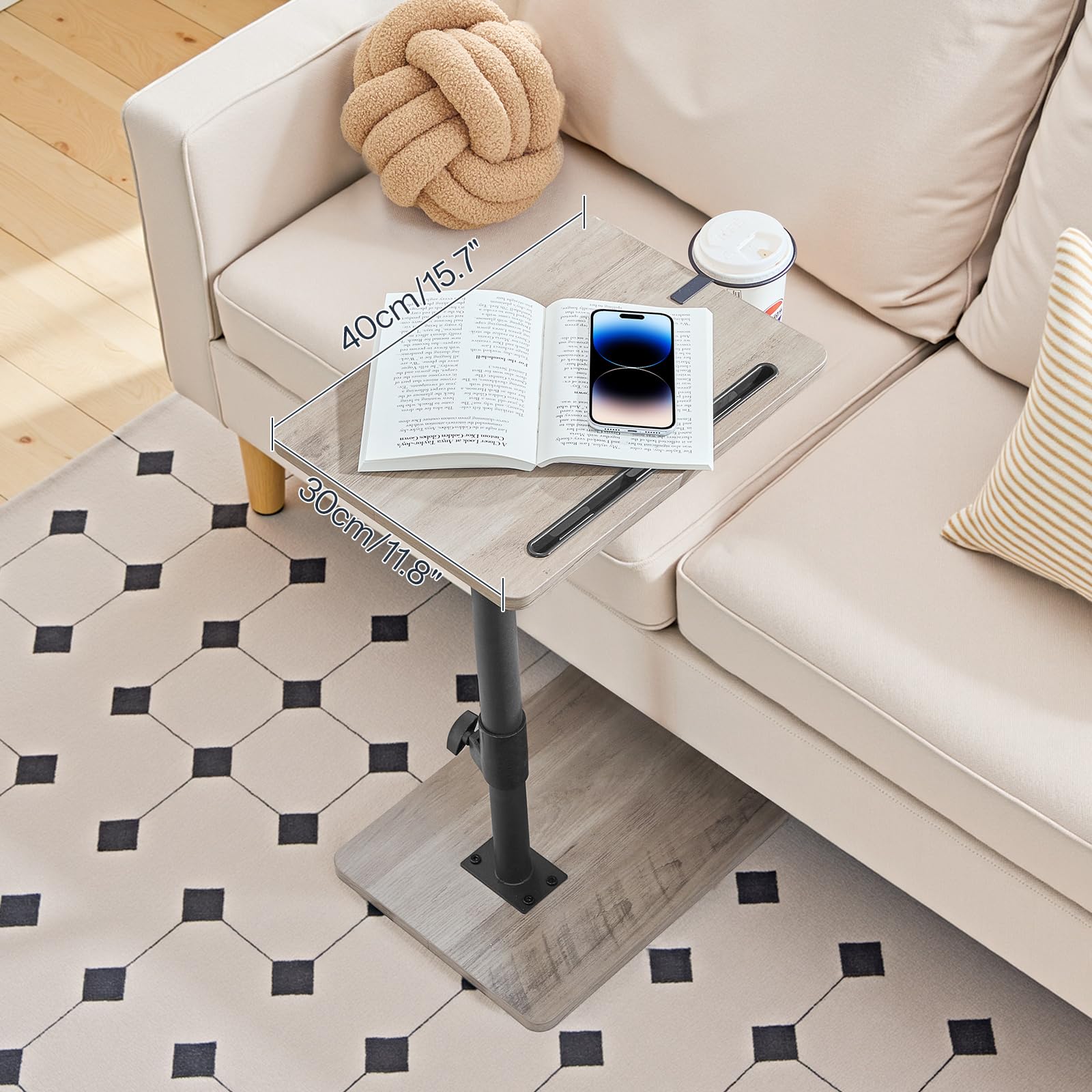 HOOBRO Tavolino a Forma di C Regolabile in Altezza, Tavolino Divano Rotazione 360°, con Portabicchieri Rimovibile e Slot per Tablet, Grigio Invecchiato e Nero EBG34SF01