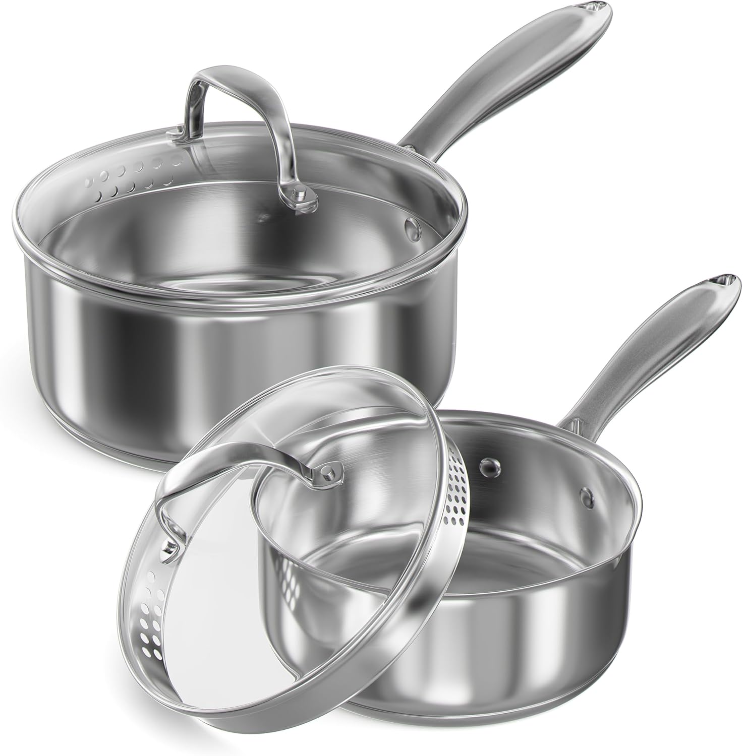 Stainless Steel Saucepan Set with Strainer Glass Lid, 1-Quart and 2-Quart Tri-Ply Capsule Bottom Sauce Pan/Pot, Two Pour Spout, Dishwasher and Oven Safe