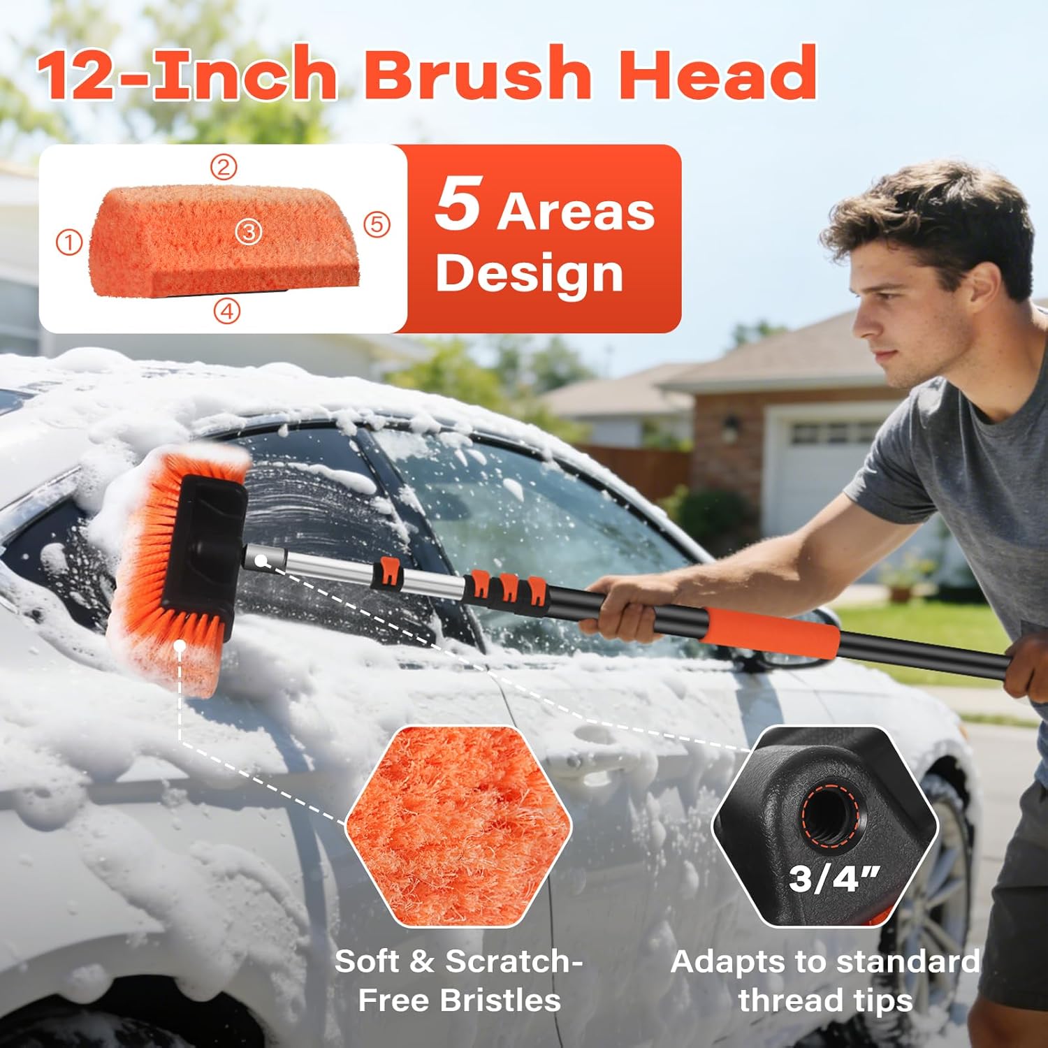 Car Wash Brush with Long Handle,144" Scratch-Free Soft Bristle Car Cleaning Kit with Extension Pole,Microfiber Clean Mop,Window Squeegee,Mitt,Wheel Brush for RV,Truck,SUV,Siding Washing