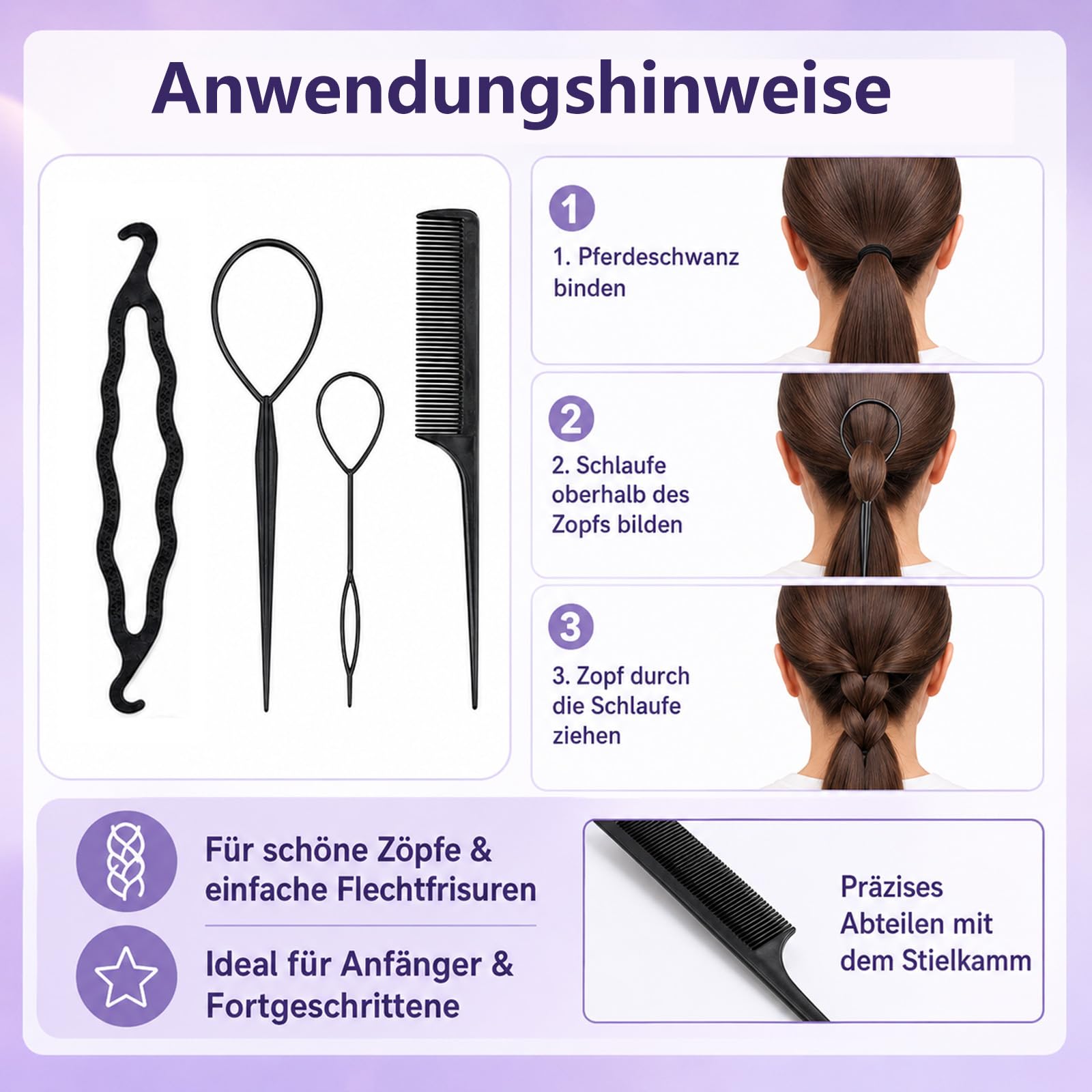 66-teiliges Frisurenhilfe Set, Flechthilfe Haare,Hochsteckfrisuren Zubehör, DIY Haarstyling Set für Zöpfe Dutt und Pferdeschwanz, inkl. Duttkissen, Haarnadeln, Schwarz