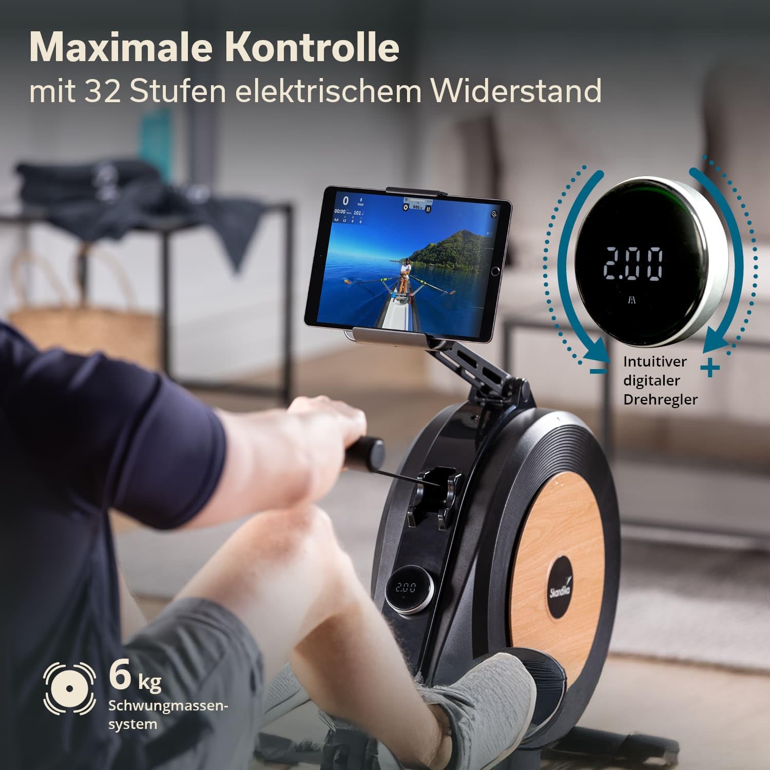 Skandika Njord P6-G Máquina de Remo para casa autogenerada| 32 Niveles de Resistencia eléctrica, hasta 200 cm y 135 kg, Compatible con la App Kinomap