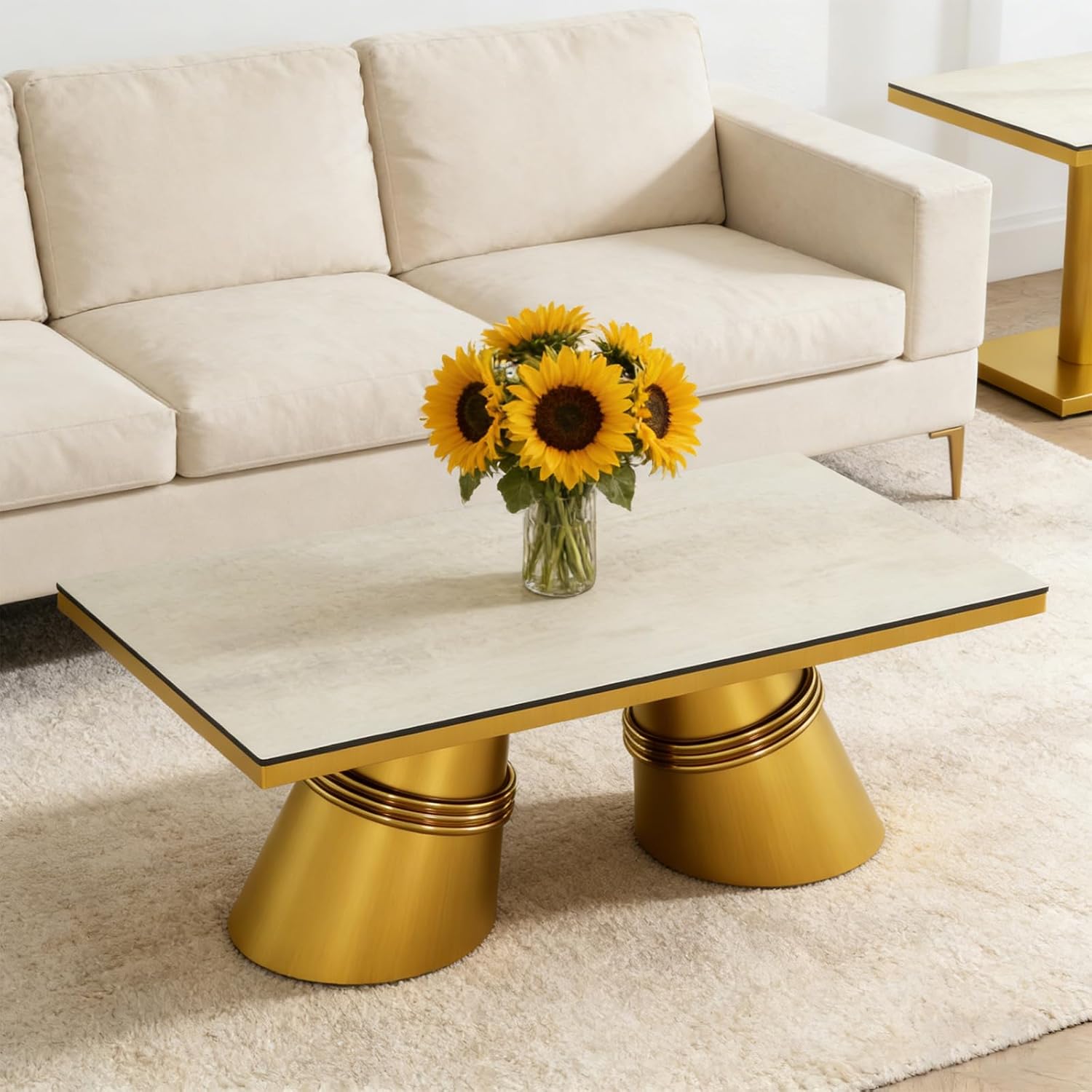 Asday Gold Coffee Table, 50 inch Coffee Table with Twilight White Tempered Glass Top and Artistic Tapered Barrel Base,Modern Brushed Gold Center Table for Living Room, Office and Guest Hall