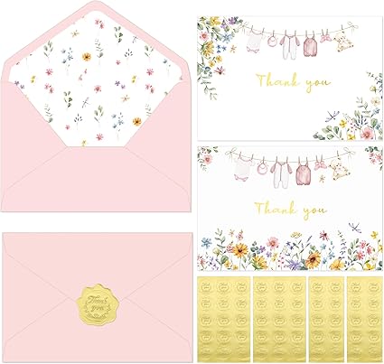 50 Pack Pink Baby Shower Thank You Cards with Envelopes and Stickers for Girl, Thank You Notes with Envelopes Set Bulk, Blank Greeting Cards for Birthday Baby Shower Party