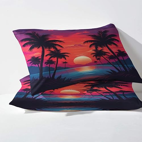 Miniatura 10 de Z6-&-343 - Juego de sábanas y fundas de almohada estampadas de 4 piezas con diseño de paisaje tropical, sábana bajera ajustable de microfibra suave