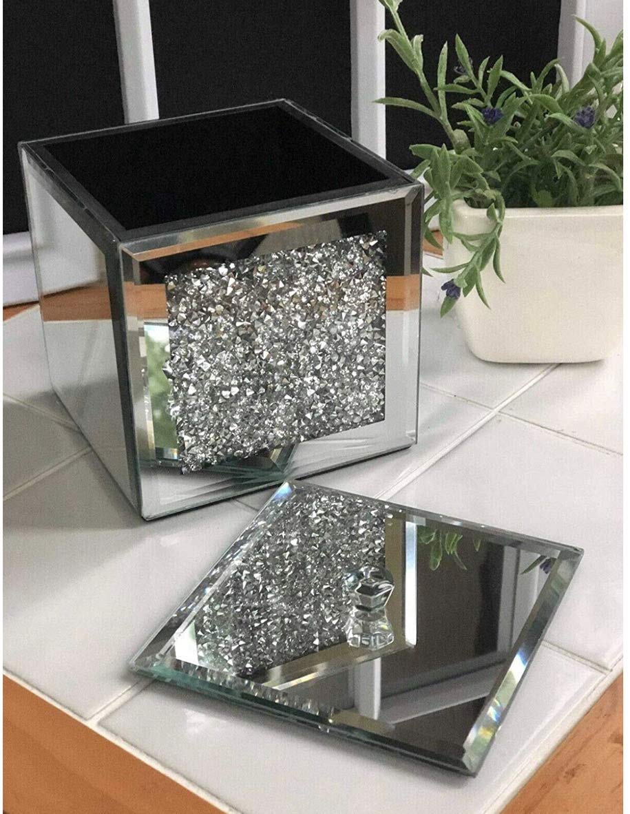 NEW SILVER CRUSHED DIAMOND DIAMONTE MIRRORED GLASS JEWELLERY BOX EYE CATCHING DESIGN BLACK VELVET INLAY TRINKET BOX MIRRORED STORAGE BOX SQUARE SHAP 10X10X11cm