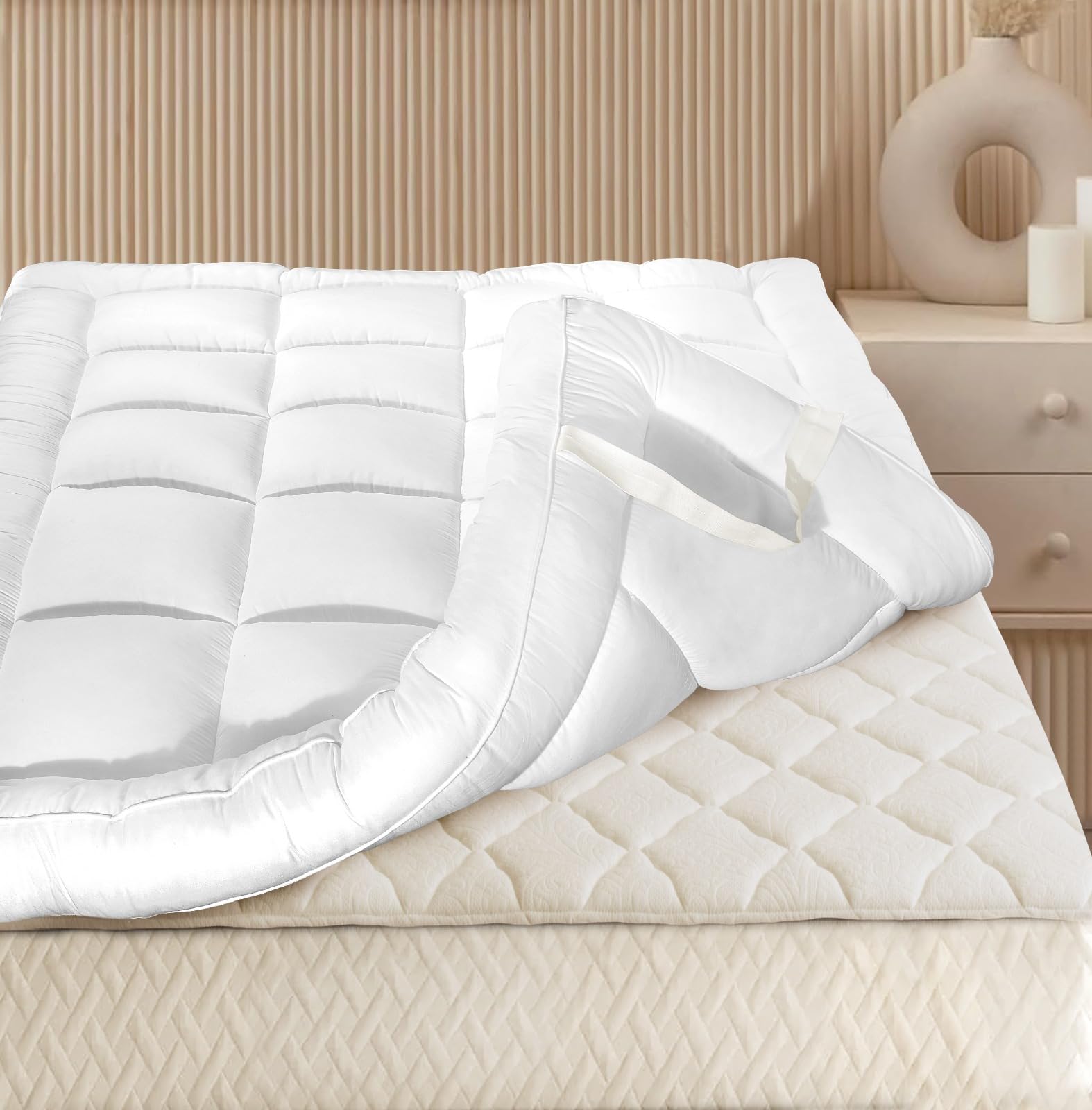 10cm Microfibre Mattress Topper, Extra Filled Quilted Mattress Topper with Elasticated Corner Straps, Box Stitched Bed Topper for Single Double King Super King Beds (King(150x200CM))