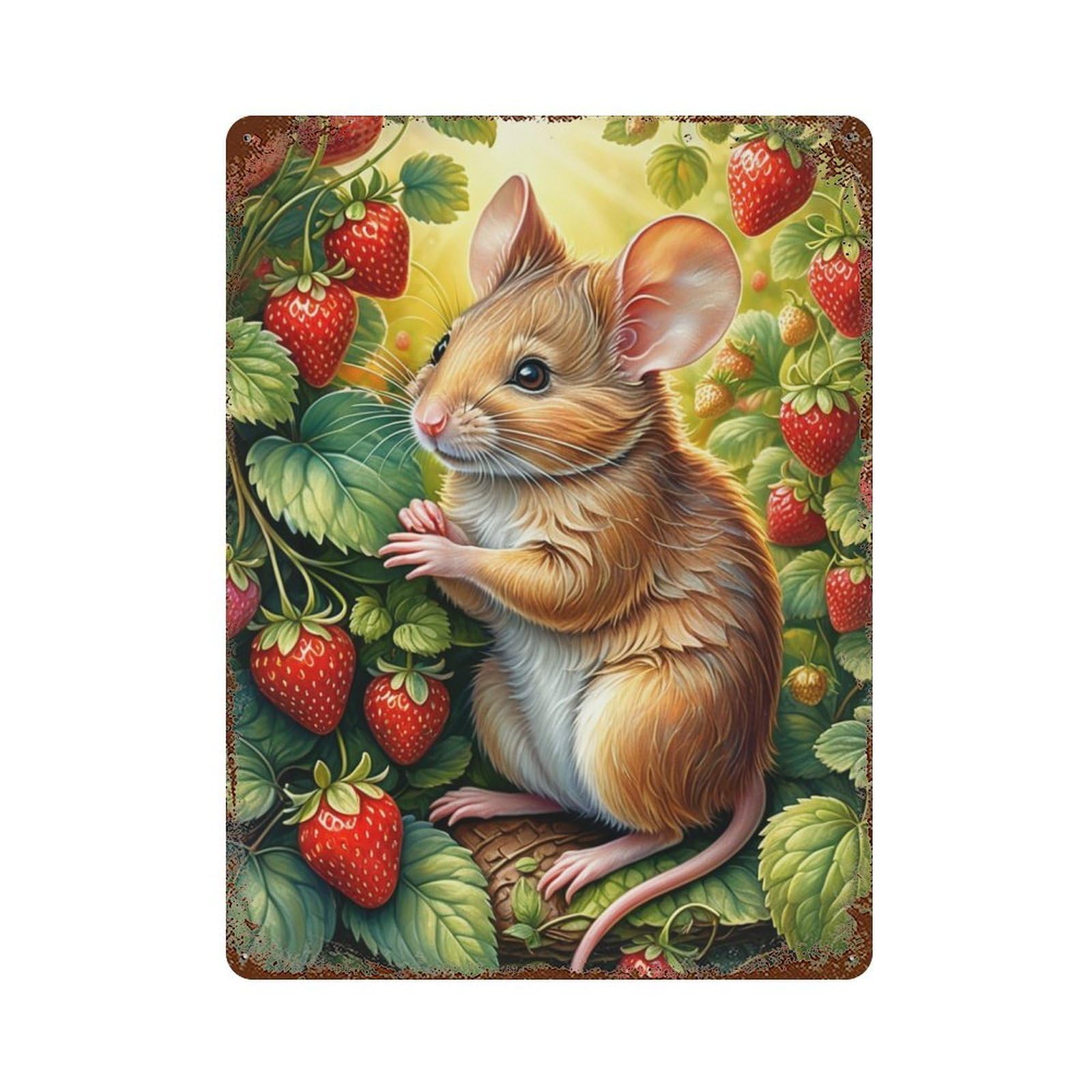 Rusty Metal Tin Sign with Strawberry Mouse Garden Design 15.7"x11.8", for Farmhouse, Kitchen And Entryway Decor, Classic Wall Plaque