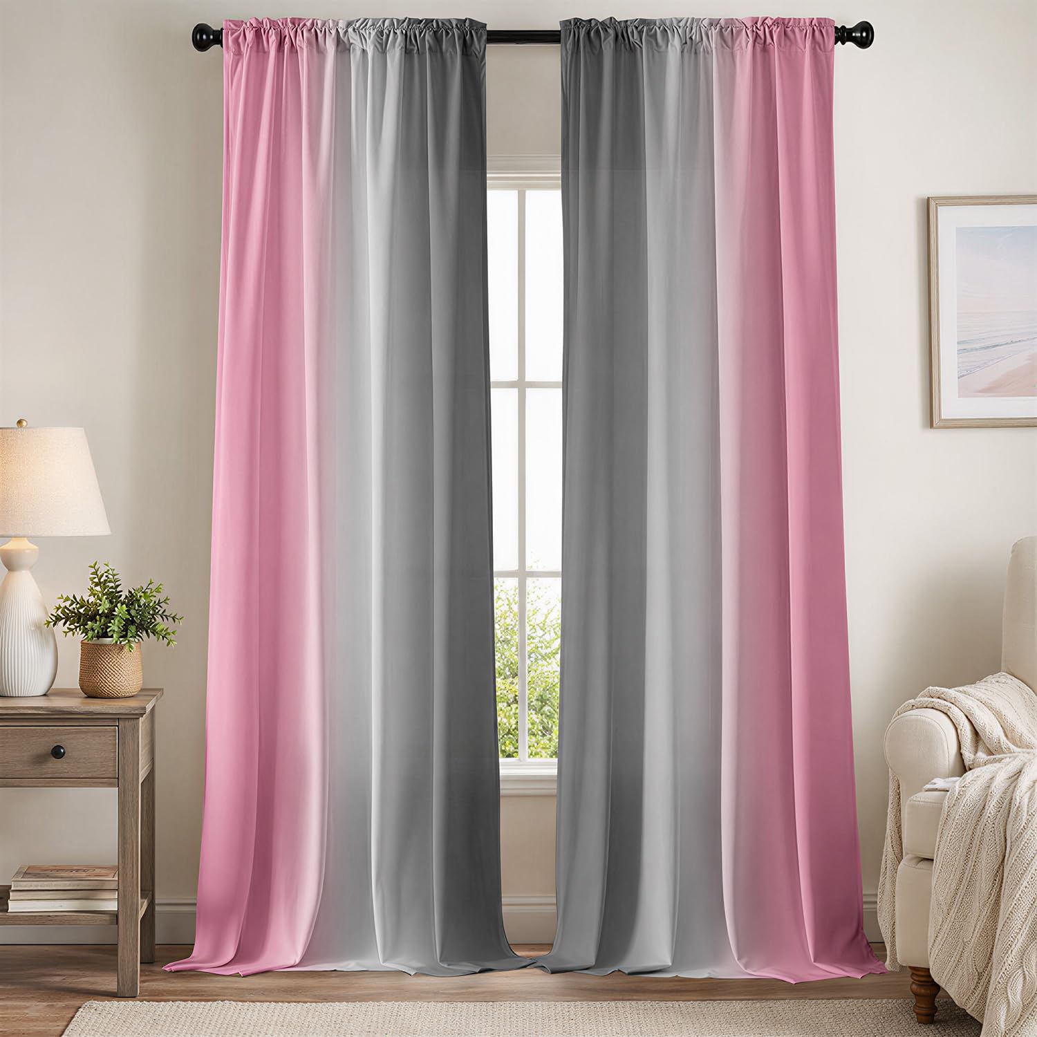 XFLINGBAO Pink Curtains 84 Inch Length 2 Panel Set Pink and Grey Ombre Curtains for Living Room Bedroom Farmhouse Ombre Light Filtering Window Curtain Modern Abstract Gradient Drapes