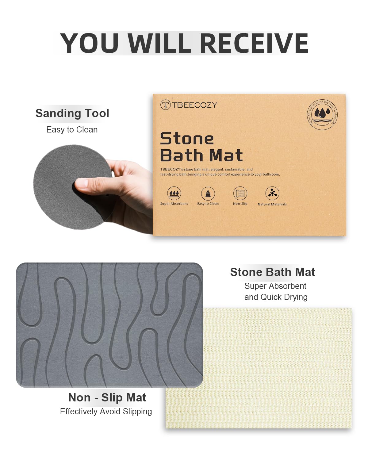 Alfombrilla de baño de piedra, diatomita, de secado rápido, antideslizante, súper absorbente, para baño y cocina, multiusos como alfombrilla para mascotas, fácil de limpiar, 40,6 x 61 cm