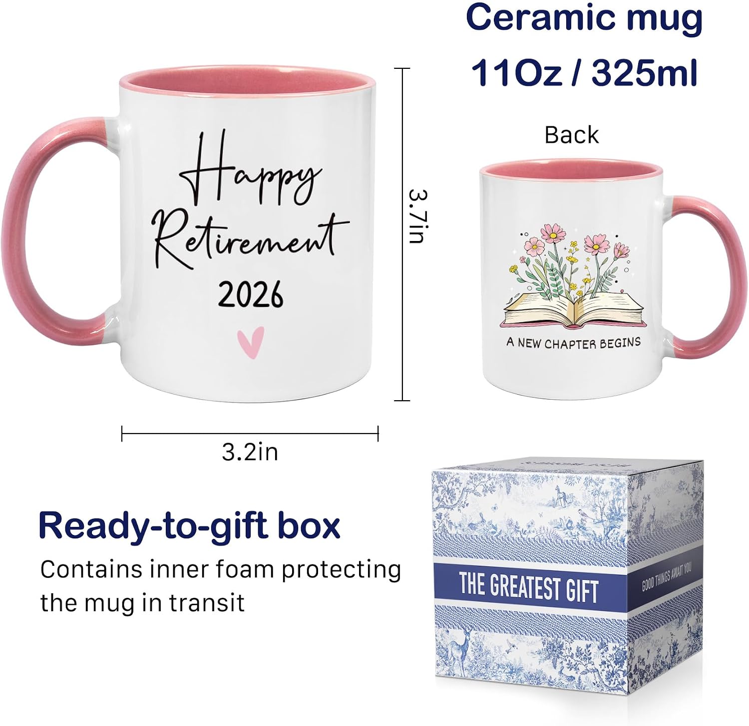 Retirement Mug Gift for Woman, Happy retirement Mugs 2026, Double-Sided Floral Design, Perfect retired mug Gifts for Women Boss Manager Coworkers, A New Chapter Begins Coffee mugs-29
