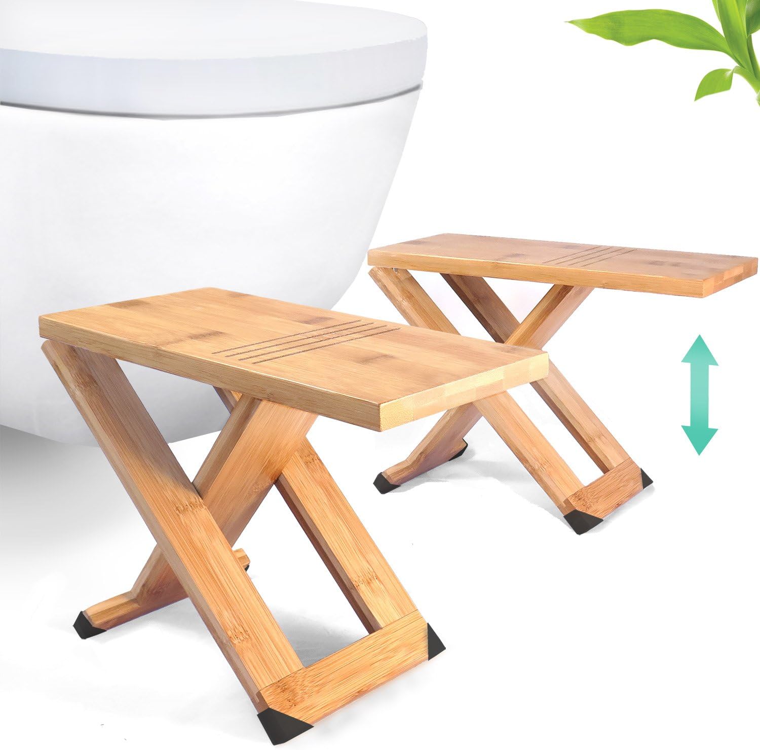 Squatty Toilet Stool by Relaxx - Folding Bamboo Wood Squat Stools - 17, 19, 22, 25 cm Adjustable - The Original Portable & Foldable Bathroom Foot Stool (One Pair) - Black Anti Slip