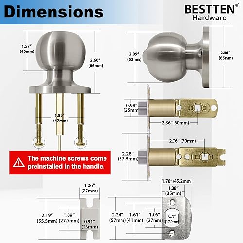Vista 20 de BESTTEN Pomo para puerta de entrada con llave con cerradura, cerradura de puerta interior y exterior, bola estándar, níquel satinado