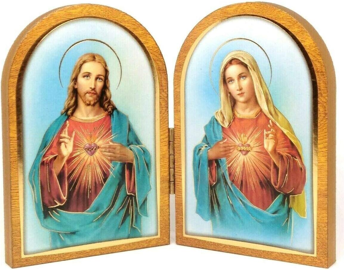 CBC Sacred Heart of Jesus and Mary Folding Plaque with Gold Highlights