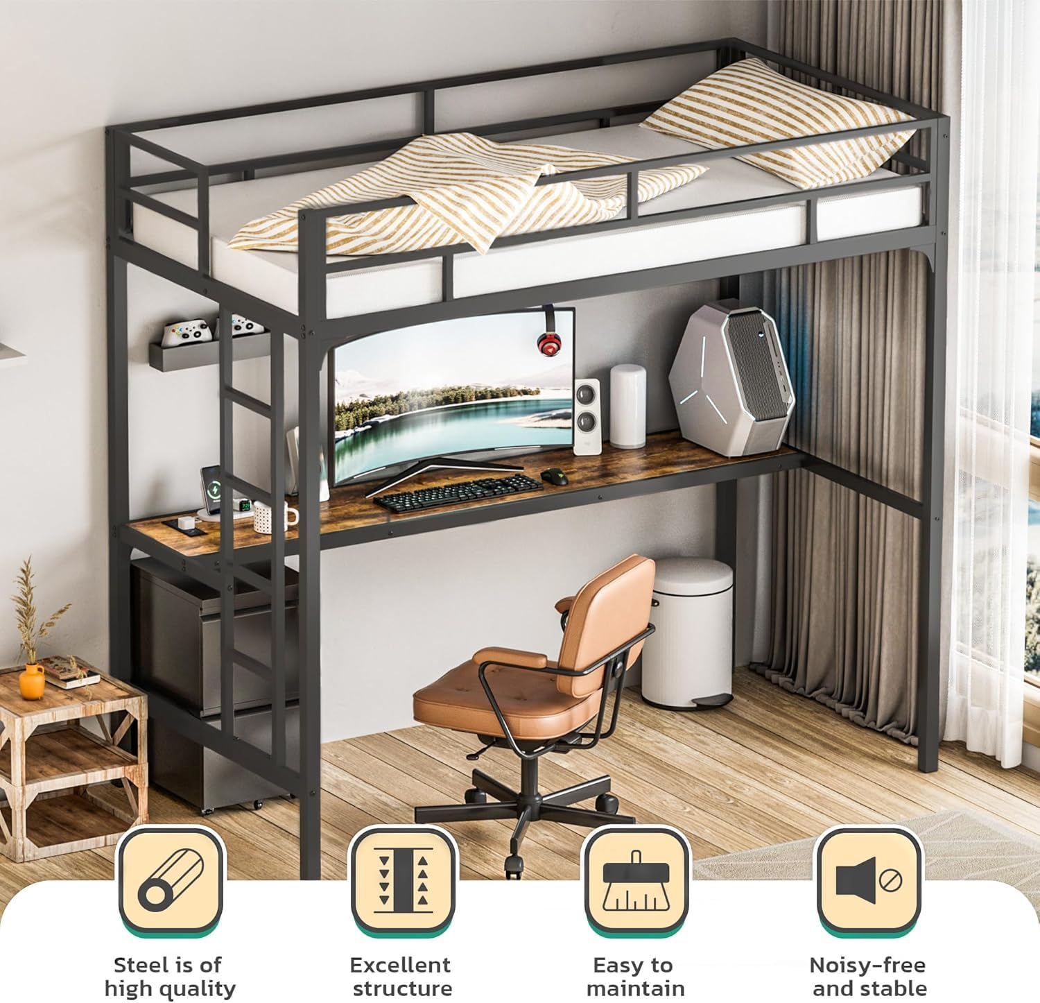 Greenvelly Loft Bed Twin Size with Desk, Metal Loft Bed with USB Charging Plug and LED Lights, Loft Bed Frame with Ladder and Guardrail, Heavy Duty Metal, No Box Spring Needed, Noise Free, Black