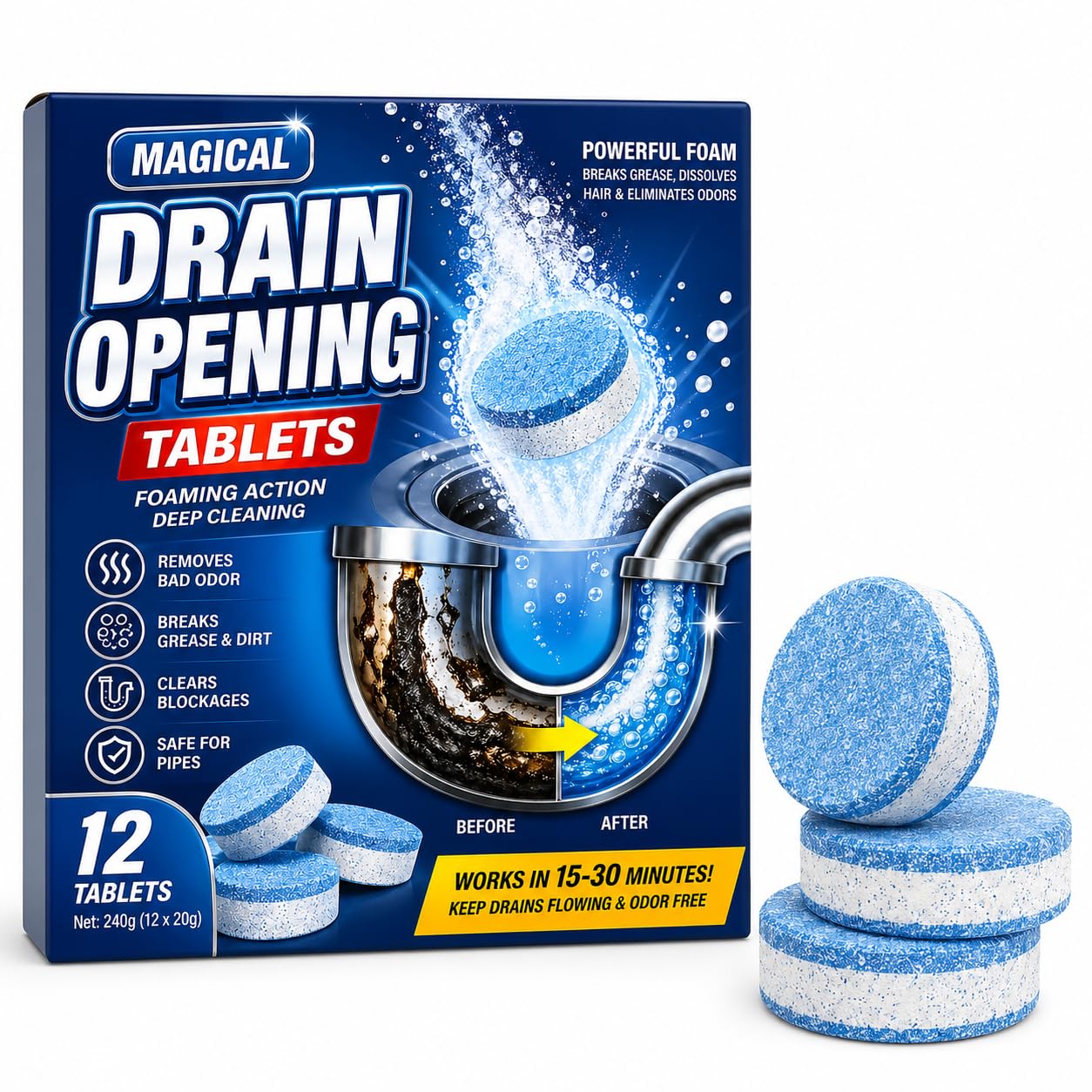 Foaming Drain Cleaning Tablets for Sink & Pipe Care, 12 Tabs-image-26