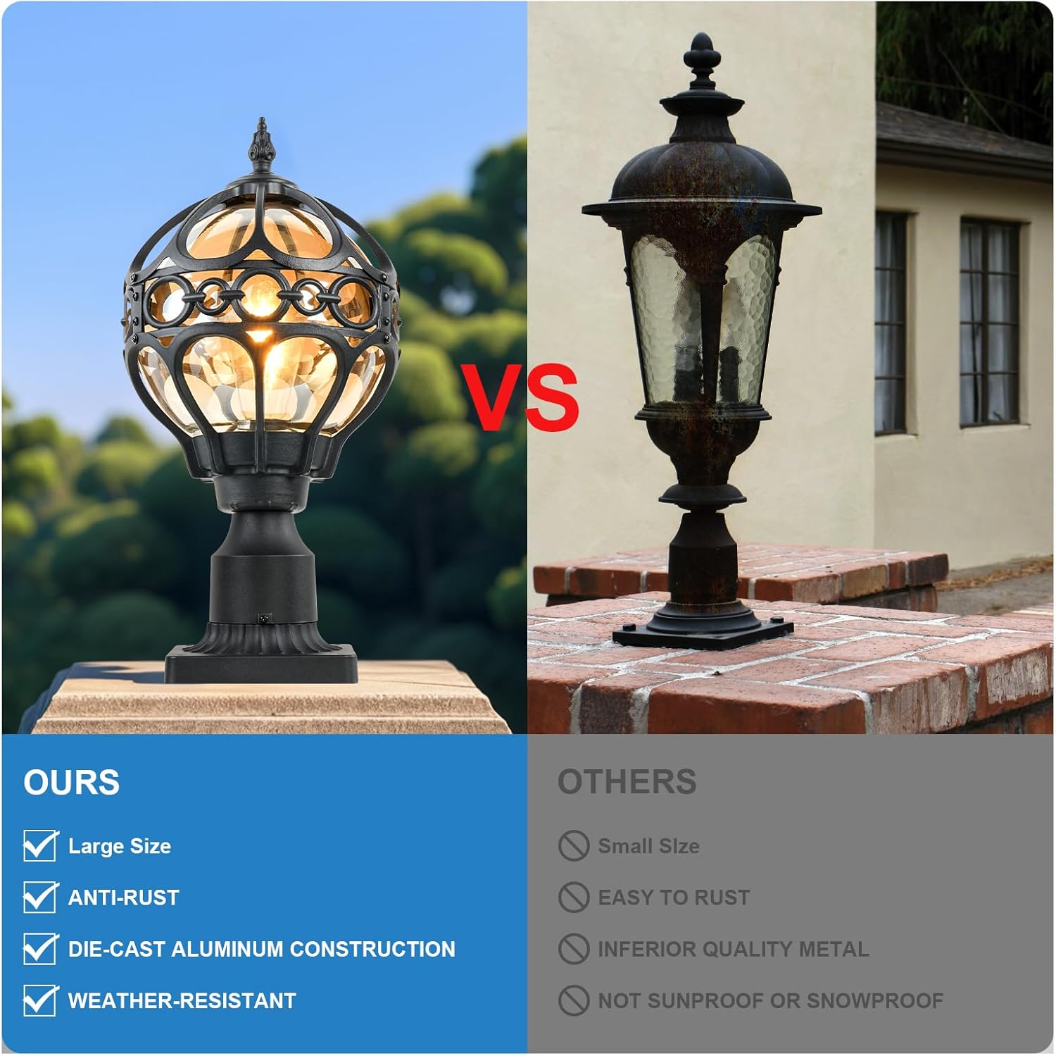 Outdoor Lamp Post Lights, Aluminum Rust-Proof Globe Post Light for Porch Front Door Driveway Lawn Garden, Black Sphere Exterior Pillar Post Light, Hardwired 3" Pier Mount Post Lantern