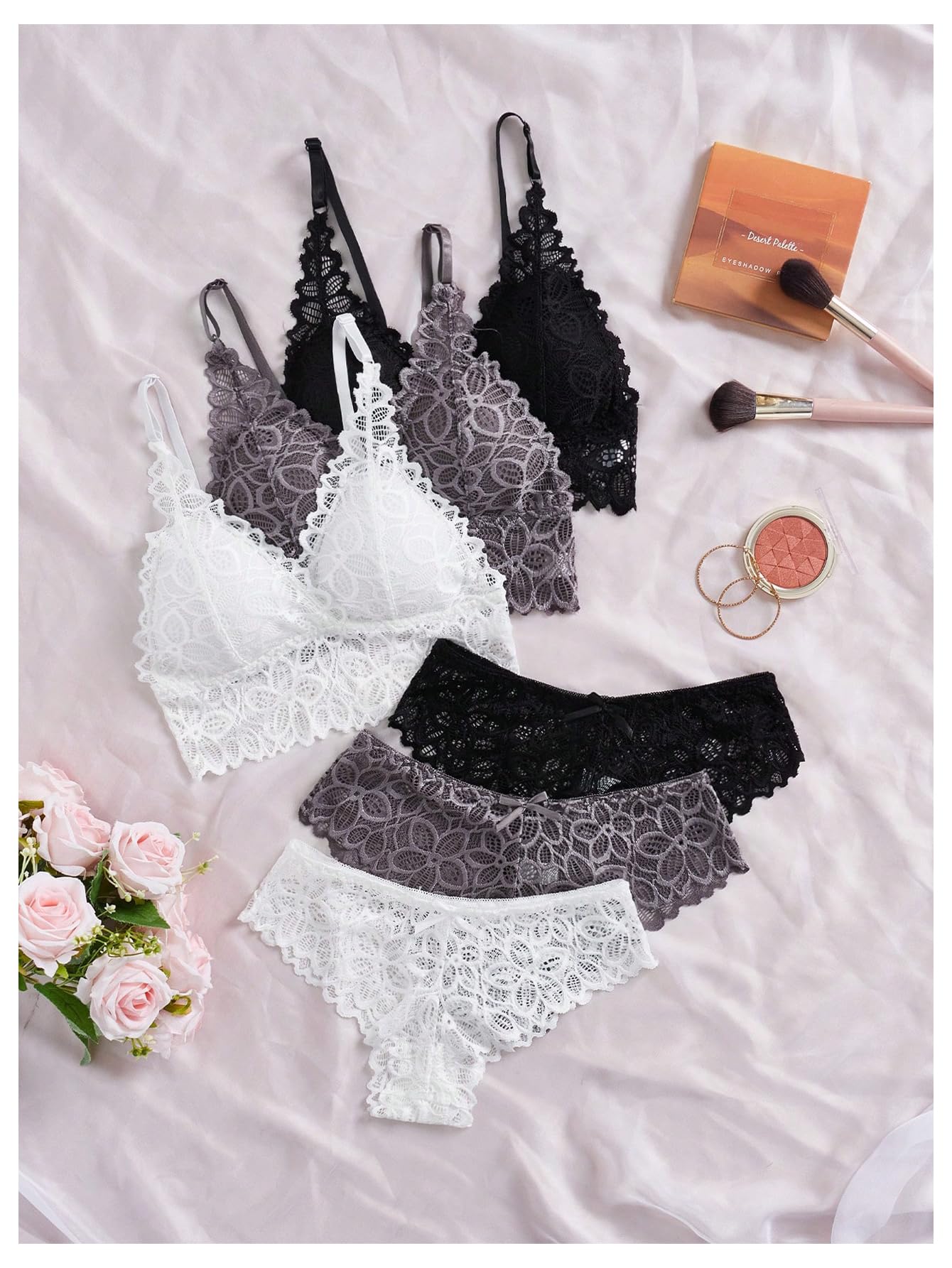 Verdusa Women's Lingerie Sets 6 Piece Lace Bow Floral Underwear Bras Wireless Padded Bra and Panty Set: Medium White Grey Black