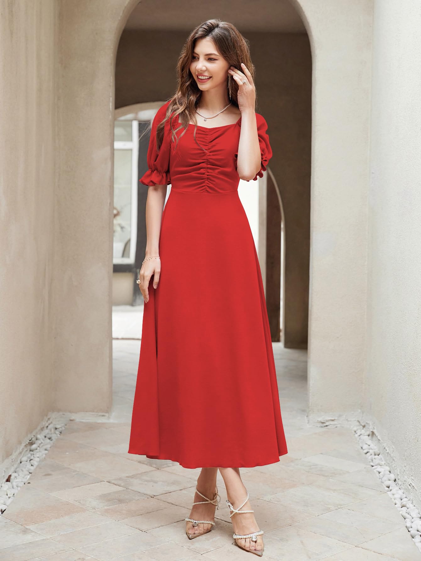 Shasmi Girl's & Women's Solid Red A-Line Ruched Puff Sleeve Maxi Long Evening One Piece Long Dress for Women Stylish (Dress 131 Red-S) - Image 5 thumbnail