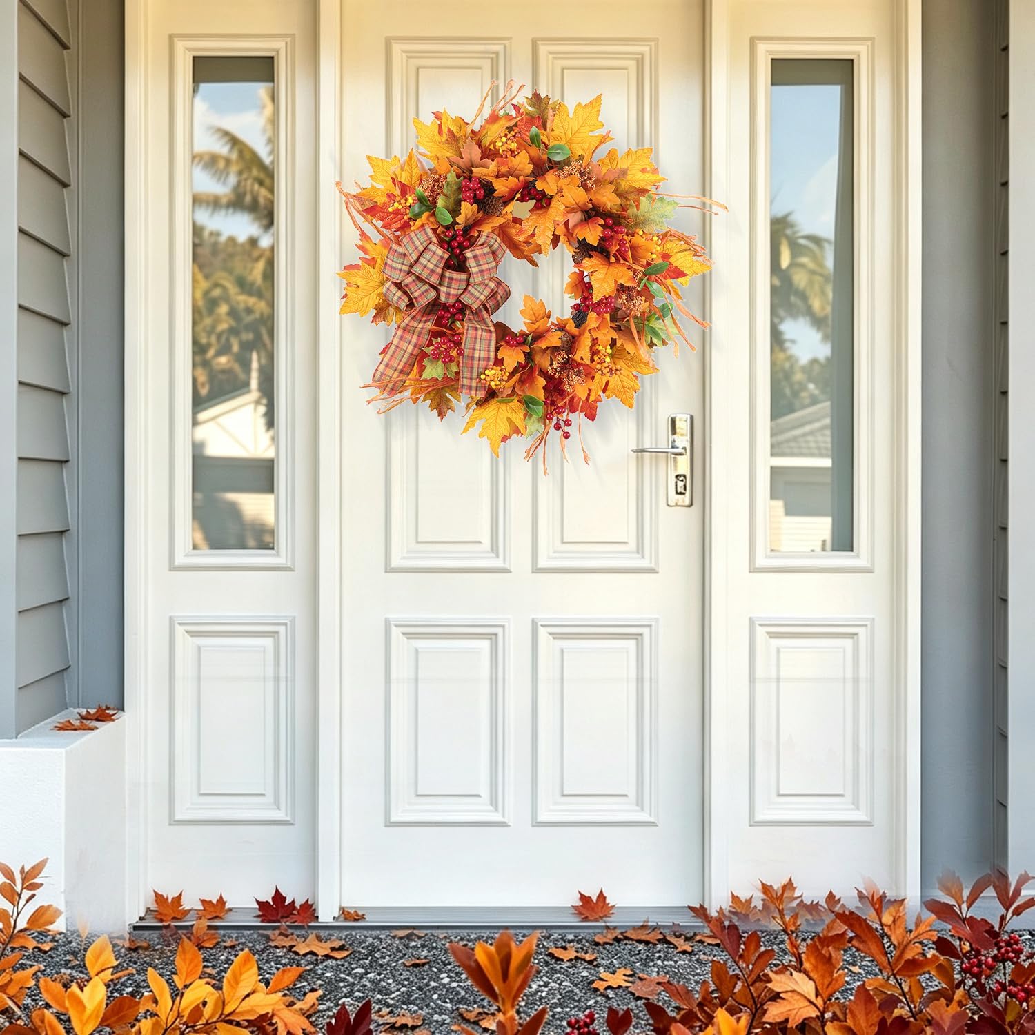 26 Inch Harvest Fall Wreaths for Front Door Outside with Bow | Handmade Autumn Wreath with Maple Leaves,Pine Cones,Red Berries-Indoor Outdoor Thanksgiving Halloween Farmhouse Wall Decor