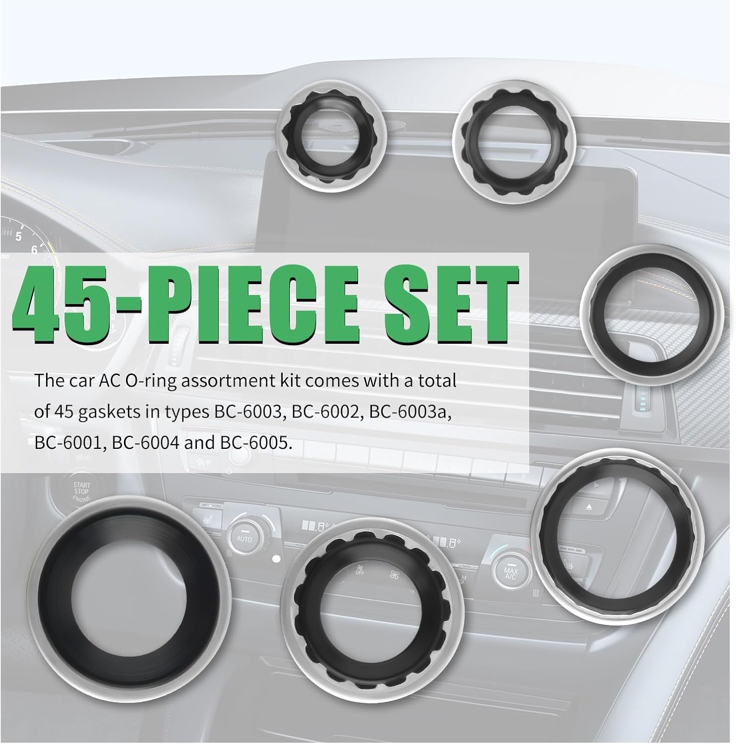 45PCS Car AC Gasket Kit,Metal & Rubber Car AC Seal Kit for Sealing and Anti-Spill Protection,6 Sizes of Cars ACS O Ring Kits for Air Conditioning Compressors with Storage Box