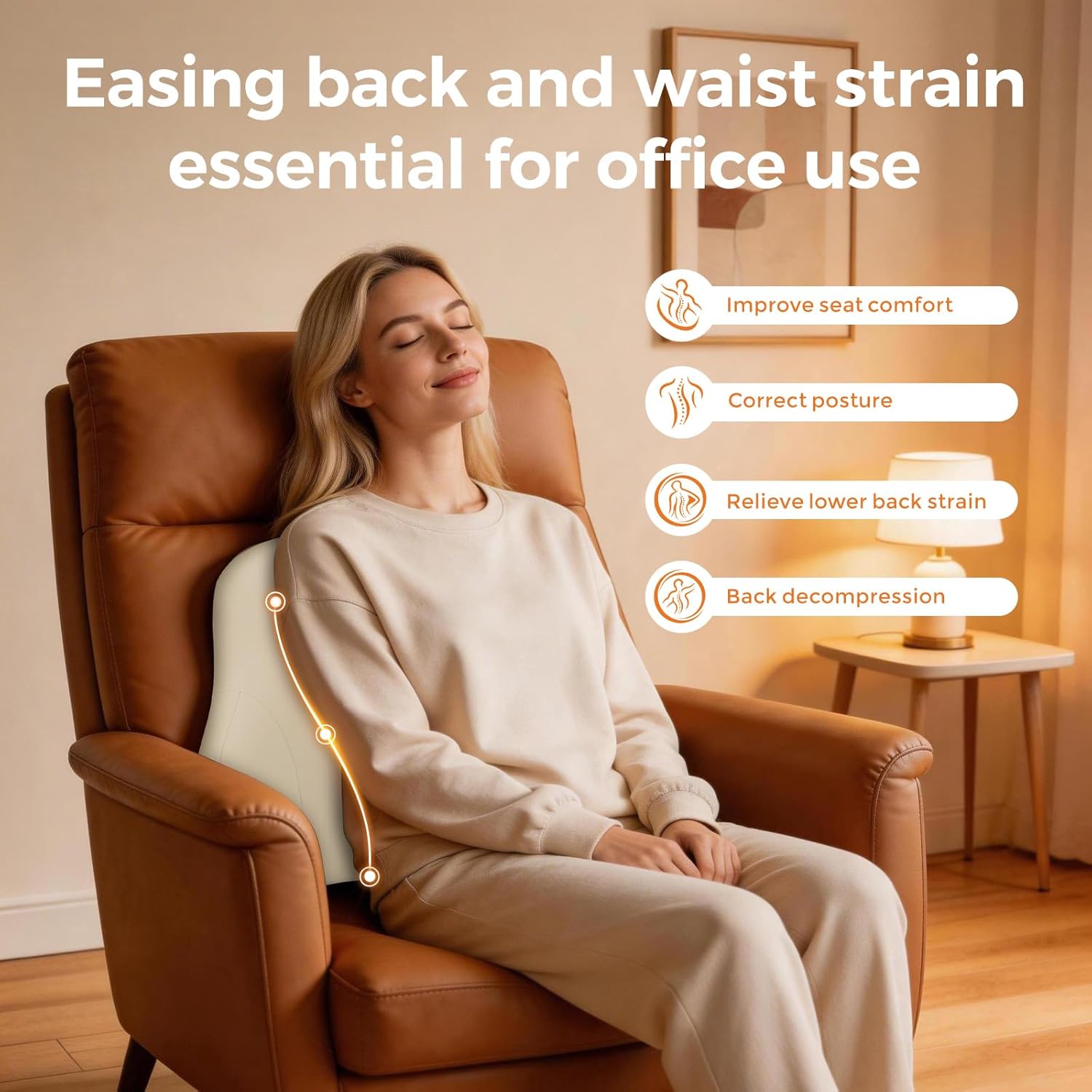 BABUR Lumbar Support Pillow for Car, Ergonomic Memory Foam Support Pillow for Lower Back Pain Relief, Washable Cover, Lumbar Cushion for Driving Seat, Fits Most Cars | Beige