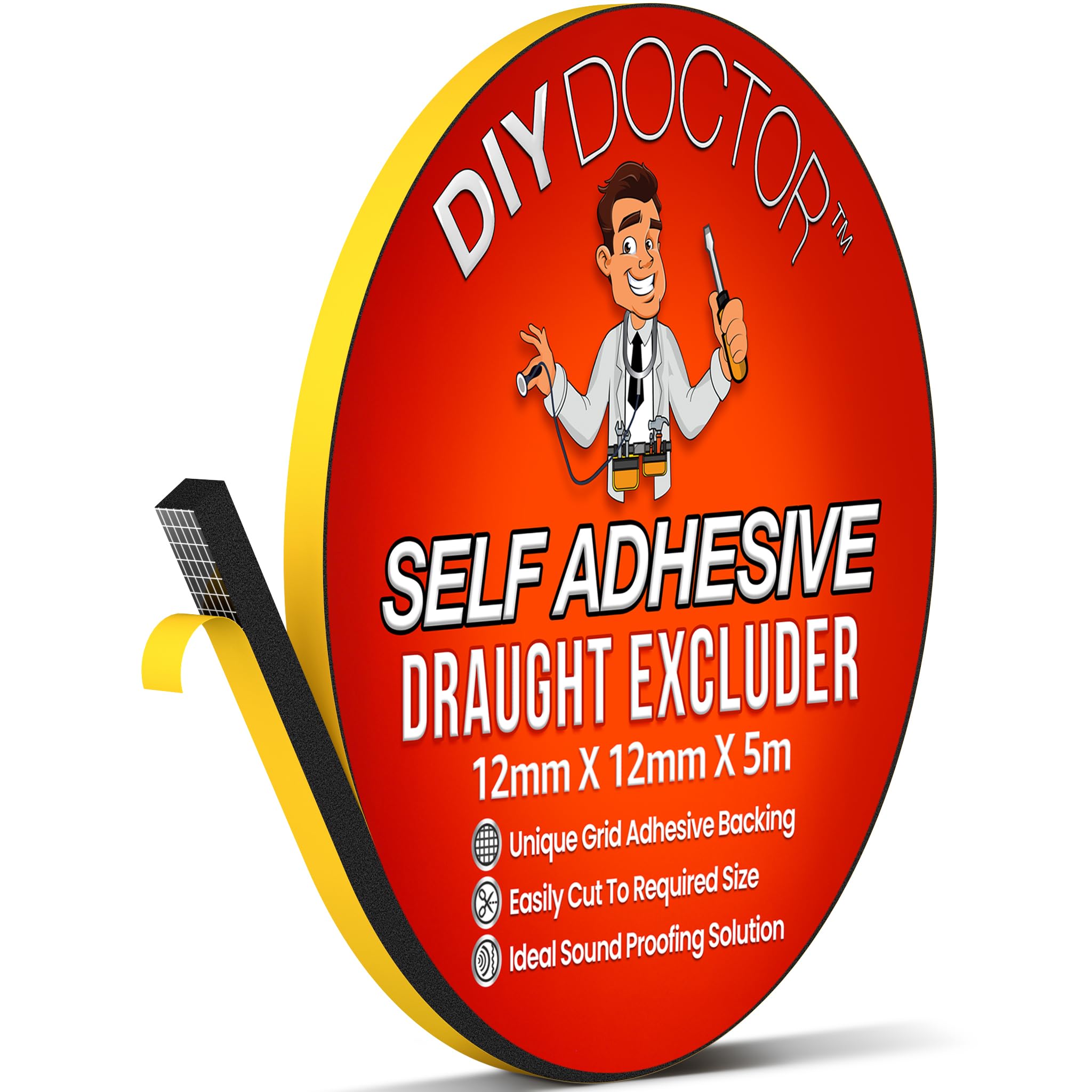 DIY DoctorSelf Adhesive Draught Excluder Foam Tape - 1x 5metres(L) x 12mm(W) x 12mm(D) Black Draught Excluder for Doors & Windows - Draft Excluder for Doors & Windows - Gap Door & Window Seal Strip