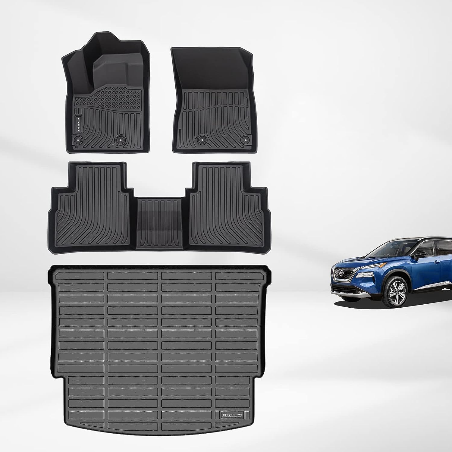 KELCSEECS All Weather Floor Mats & Cargo Liner Full Set Custom for Nissan Rogue 2023 2022 2021(No Sport Models) Car Mats Automotive Cargo Mats Floor Liners Trunk Mat Nissan Rogue Trunk Liner Black INCOMPLETE