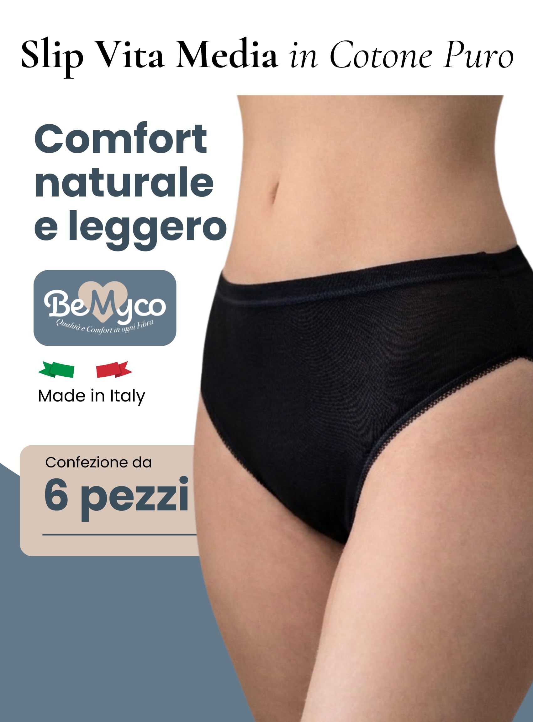 Set 6 Mutande Donna Cotone Vita Media | Slip Culotte 100% Cotone Puro, Antiallergiche | Intimo Donna Bianco/Nero | Made in Italy