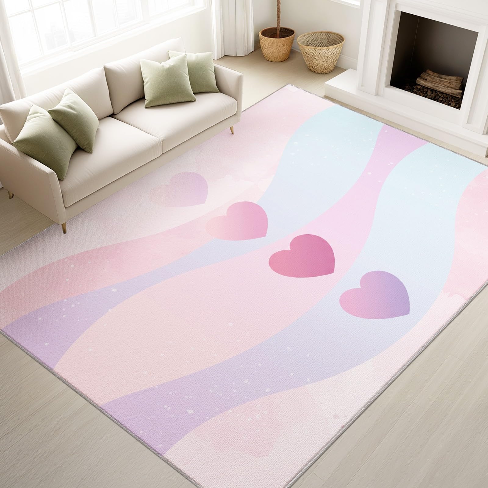 Tappeto moderno romantico per soggiorno, 140 x 200 cm, lavabile, antiscivolo, morbido, a pelo basso, antimacchia, motivo a cuori, per interni, decorazione per la casa